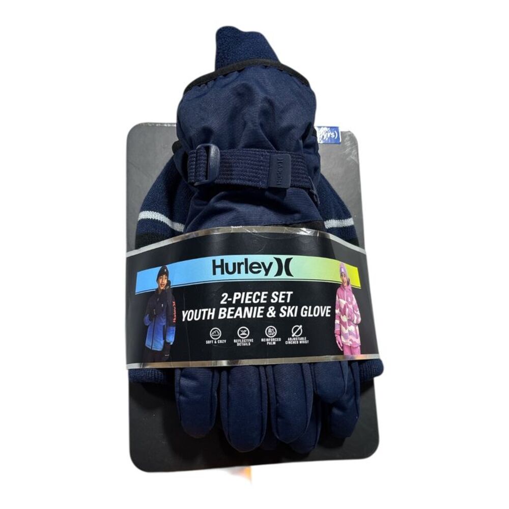 Hurley Kids 2 Piece Youth Cold Weather Knitted Beanie & Ski Glove Set - Navy